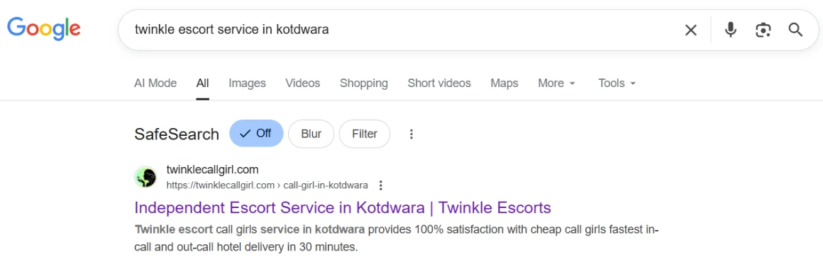 screenshot result keyword type on google 'twinkle escort service in kotdwara'